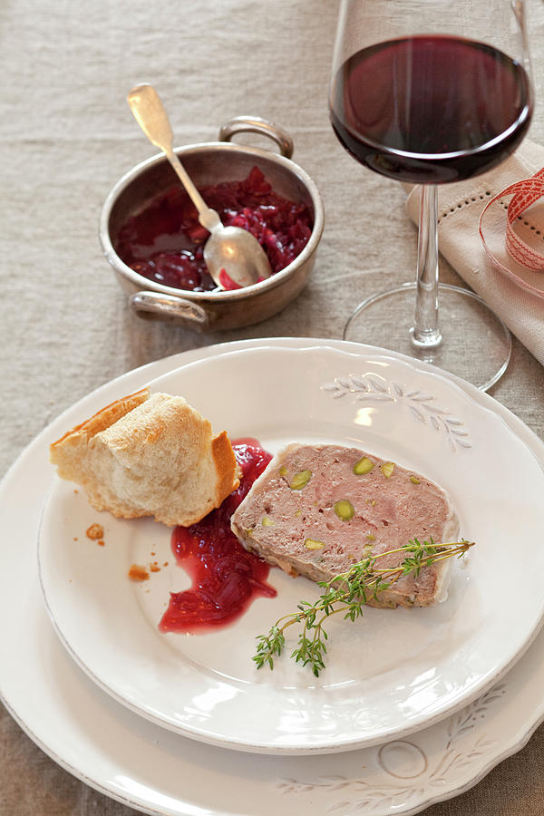 Piece Of Duck Terrine With Pistachios And Thyme On Plate Photograph By