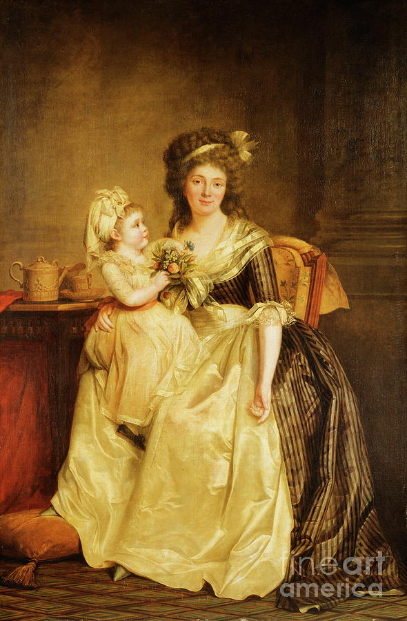 Portrait Of A Lady Seated Full Length By A Table With Her Daughter