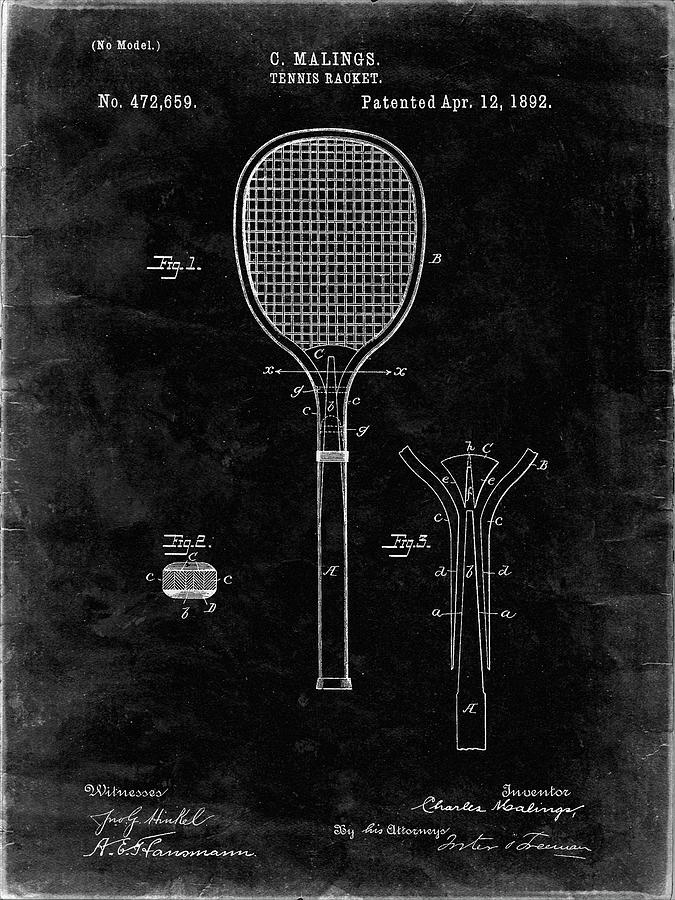 Pp Black Grunge Tennis Racket Patent Poster Digital Art By