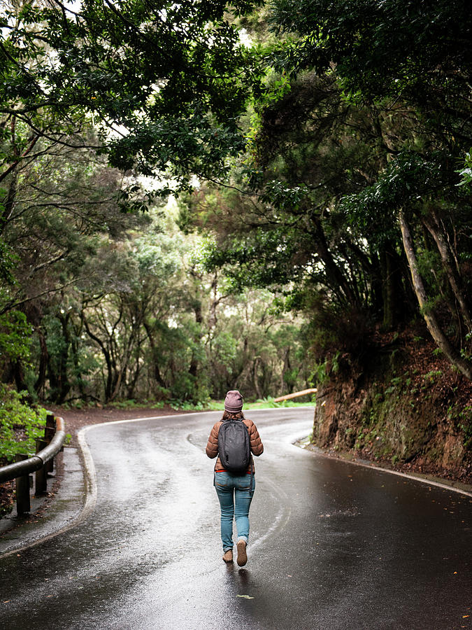 Rear View Of Girl Walking On Empty Road Passing Through Green Forest