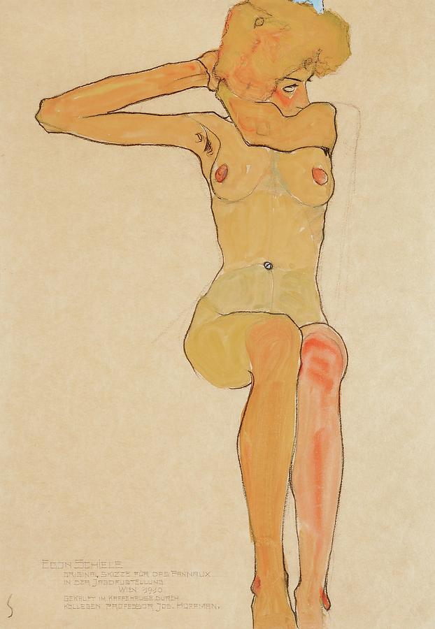 Seated Female Nude With Raised Right Arm Gouache Drawing By Egon