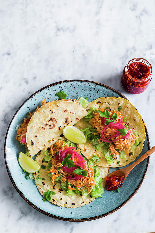 Tinga Tacos With Chicken And Onions With Chili Sauce Photograph By