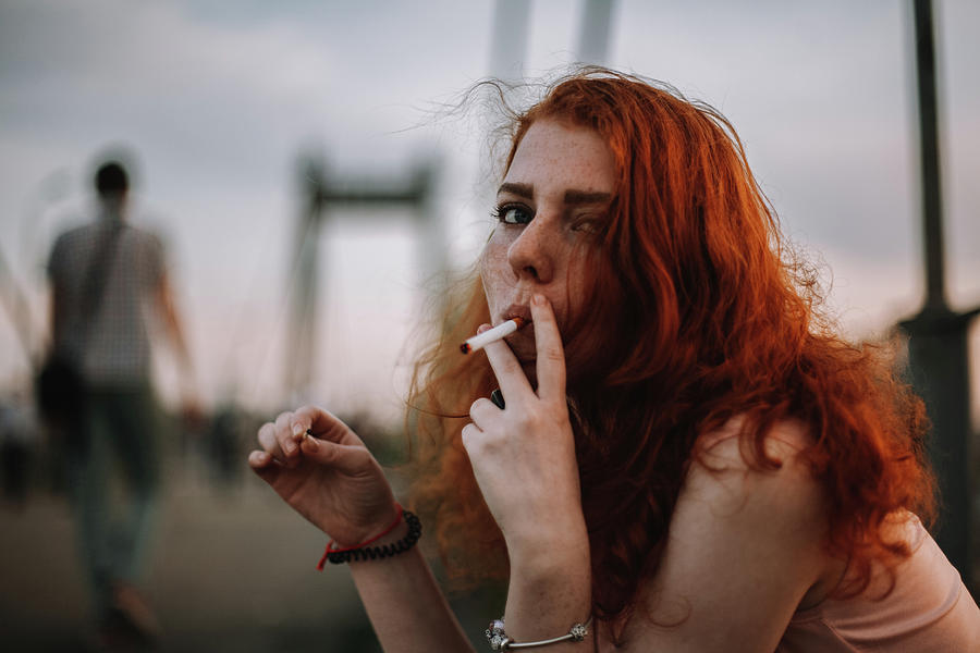 Hot teen redhead babe smoking