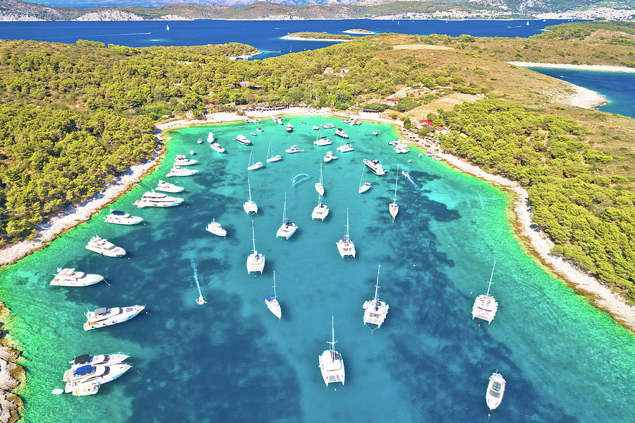 Aerial Panoramic View Of Palmizana Sailing Cove And Turquoise B