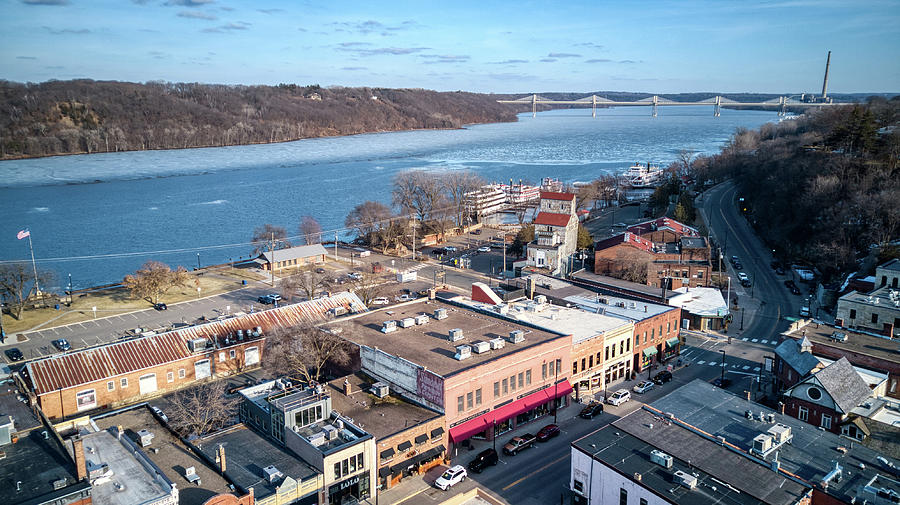 Drone Aerial View Downtown Stillwater Minnesota Mid March Afternoon Ice