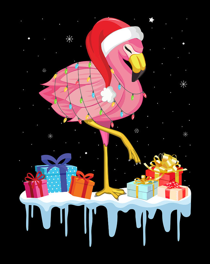 Flamingo Christmas Tree Santa Hat Xmas Lights Funny Gifts Digital Art