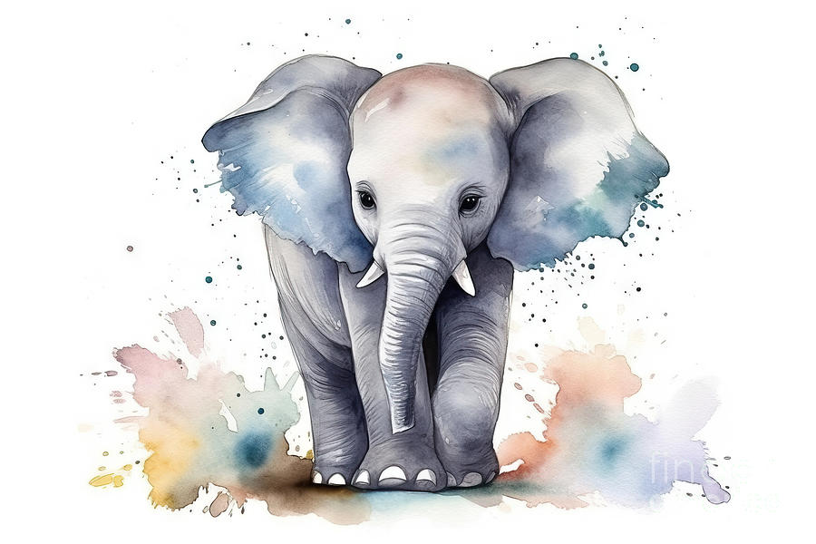 Illustration Of Watercolor Cute Baby Elephant Painting By N Akkash