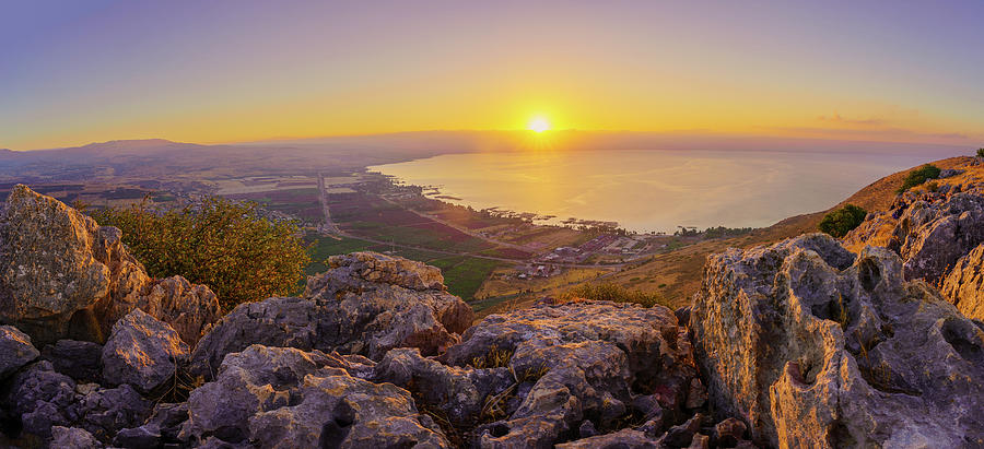 Sunrise Panorama Of The Sea Of Galilee From Mount Arbel Photograph By