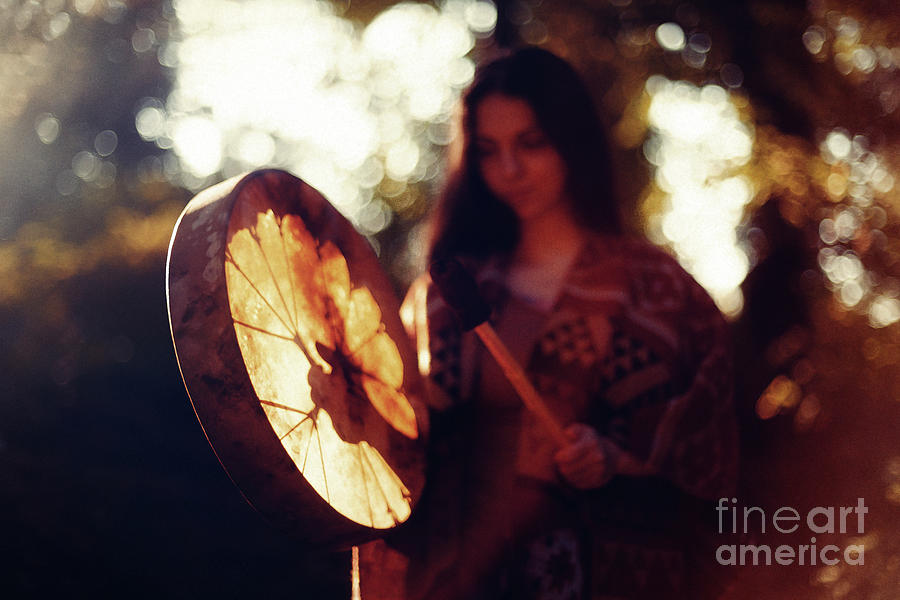 Beautiful Shamanic Girl Playing On Shaman Frame Drum In The Nature