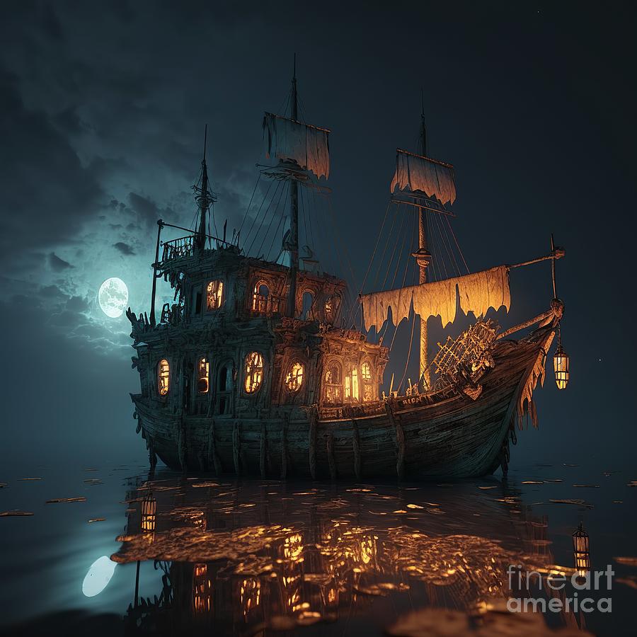 Moonlight Dilapidated Pirate Ghost Ship Digital Art By Somsong Artist