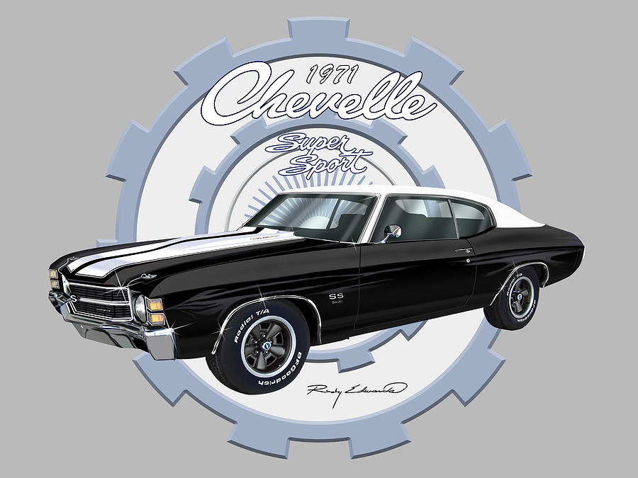 1971 Chevelle SS Black Muscle Car Art Drawing By Rudy Edwards Fine