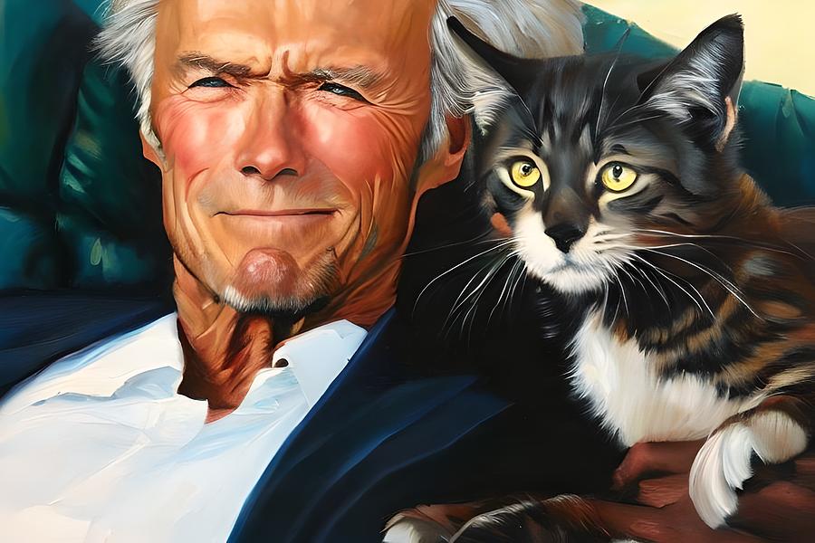 Clint Eastwood With Kitten Oil Painting Digital Art By Star Dreamer