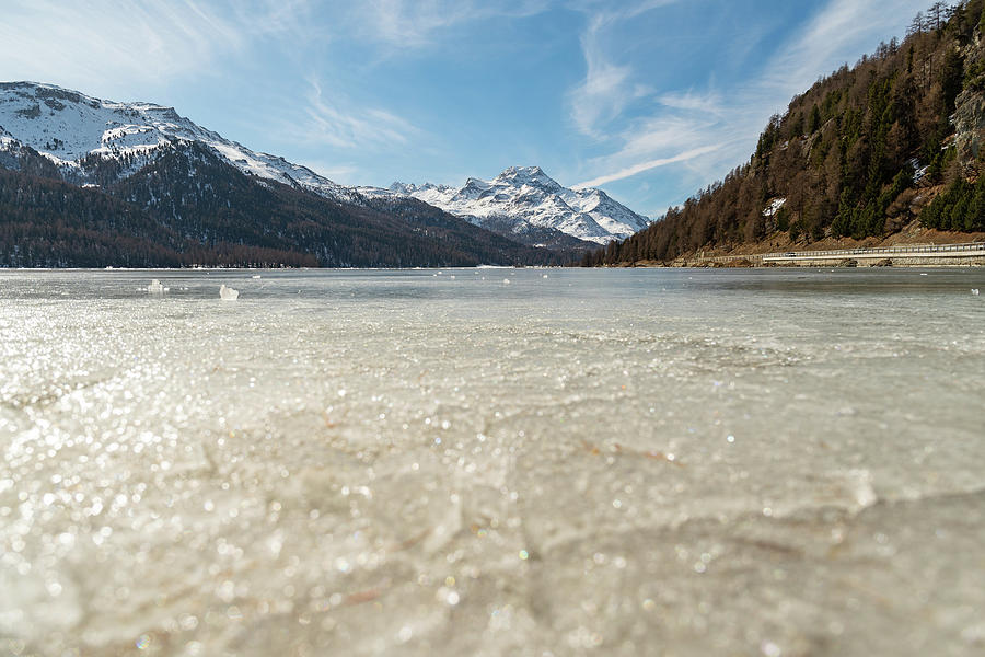 View Over The Frozen Lake Of Silvaplana And The Peak Of The Mount