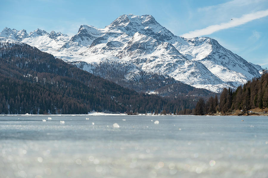 View Over The Frozen Lake Of Silvaplana And The Peak Of The Mount