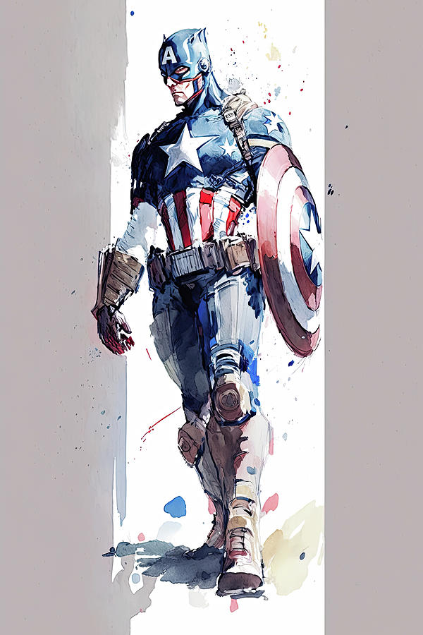 Captain America Concept Art Watercolour Painting Style Image Photograph