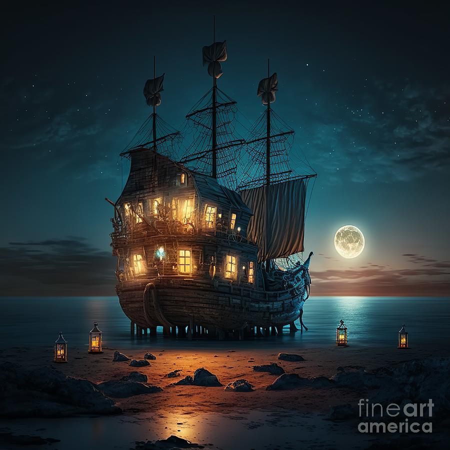 Moonlight Dilapidated Pirate Ghost Ship Digital Art By Somsong Artist