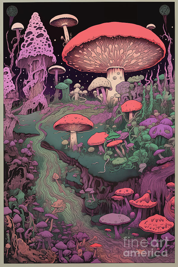 Trippy Psychedelic Mushroom Jungle Digital Art By Sambel Pedes