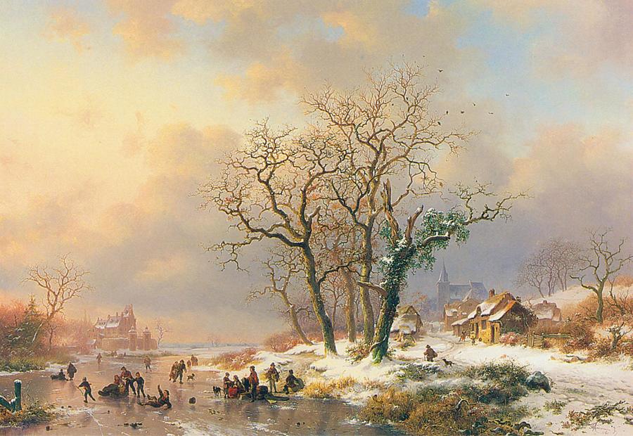 A Winter Landscape With Figures Skating On A Frozen River Painting By