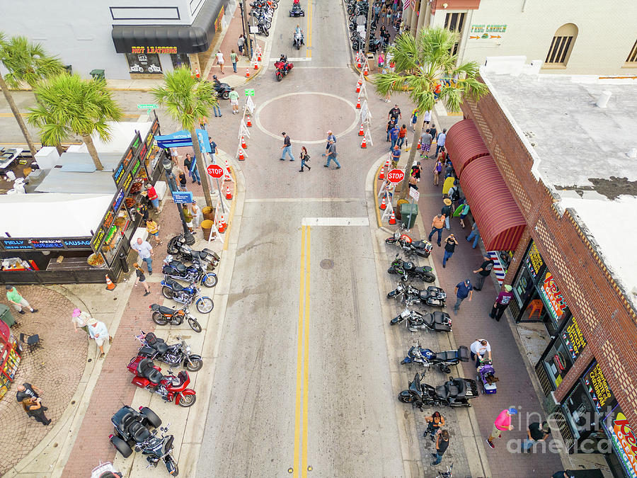 Aerial Photo Motorcycles In Daytona Beach During 2023 Bike Week