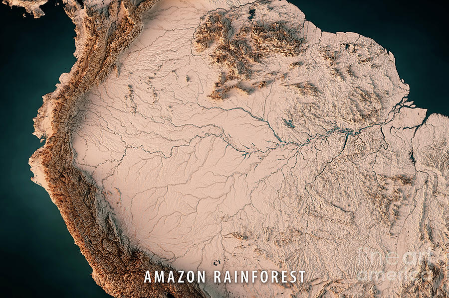 Amazon Rainforest 3D Render Topographic Map Dark Ocean Neutral Digital