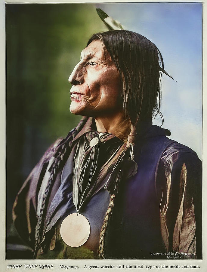 American Indian Portrait Chief Wolf Robe Ancient Photo Restored And