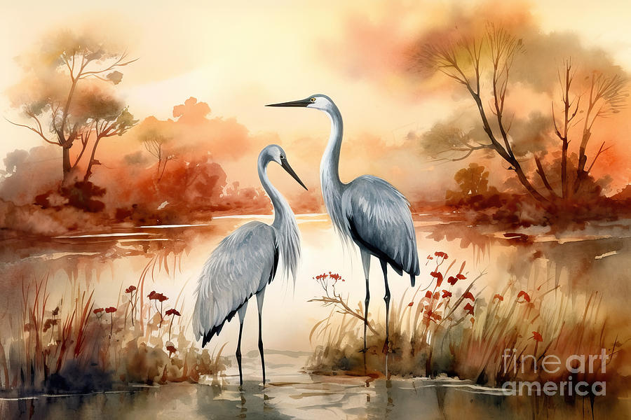 Autumn Landscape With Birds Crane Watercolor Illustration Painting By