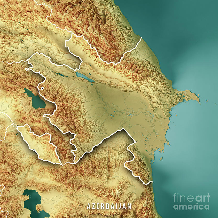 Azerbaijan D Render Topographic Map Color Border Digital Art By Frank