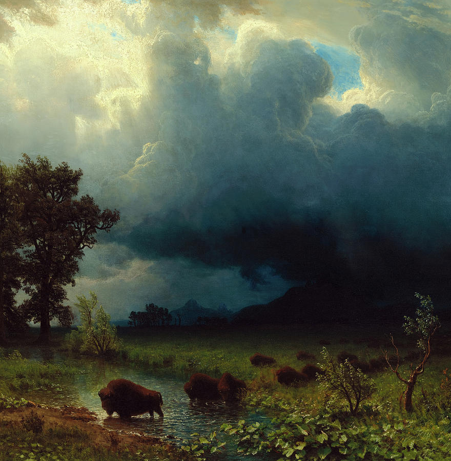 Buffalo Trail The Impending Storm Detail Painting By Albert Bierstadt