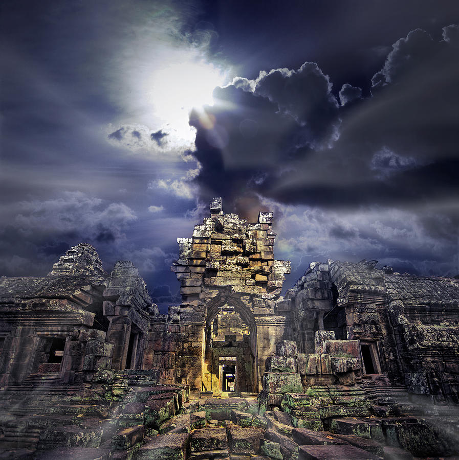 Cambodian Temple Ruins Turning To Rubble Blue Sky Background Digital