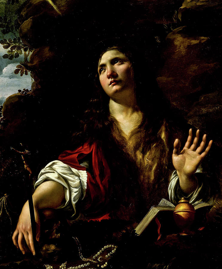 Circle Of Simon Vouet Penitent Mary Magdalene With Rosary In A Cave