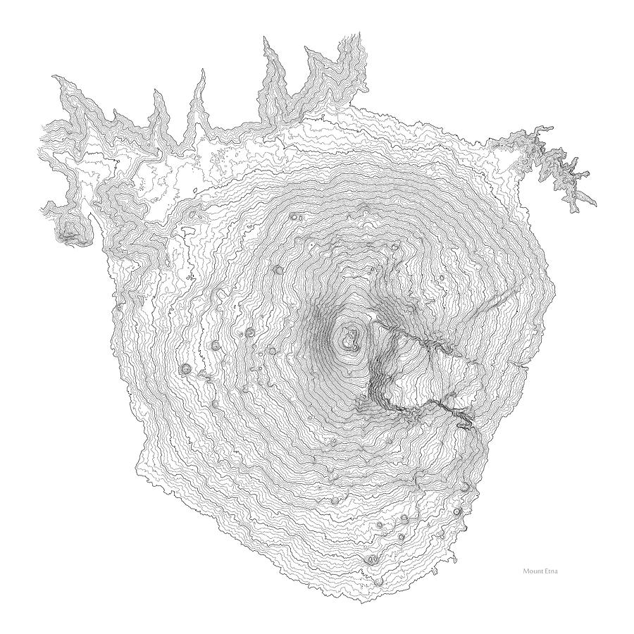 Contour Map Of Mount Etna In Italy On White Digital Art By Jurq Studio