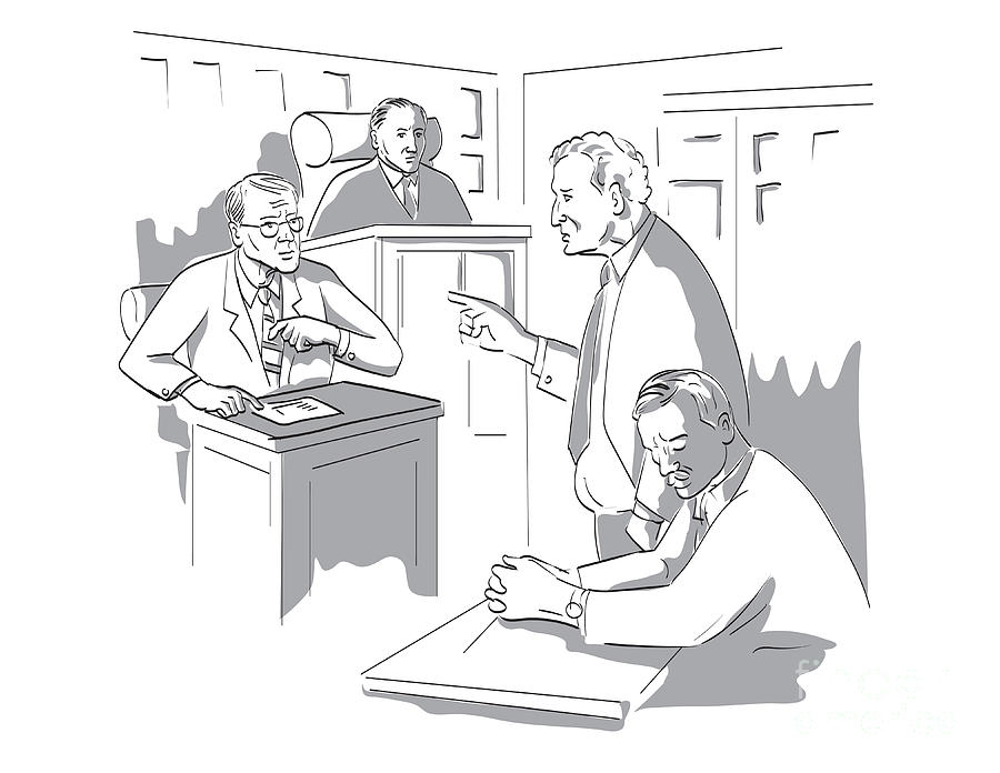 Courtroom Trial Sketch Showing Judge Lawyer Defendant Plaintiff Witness