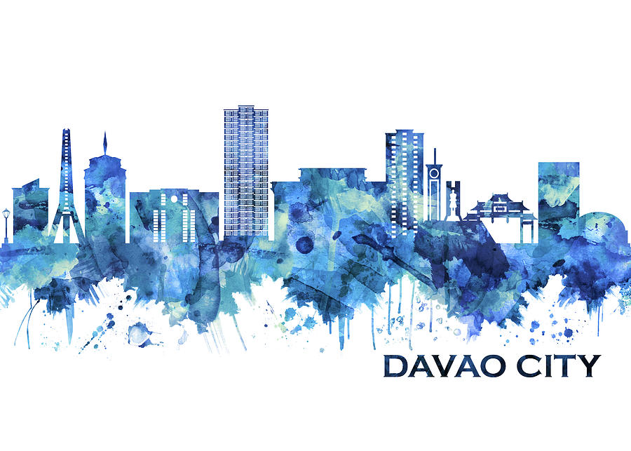 Davao City Philippines Skyline Blue Mixed Media By NextWay Art Pixels