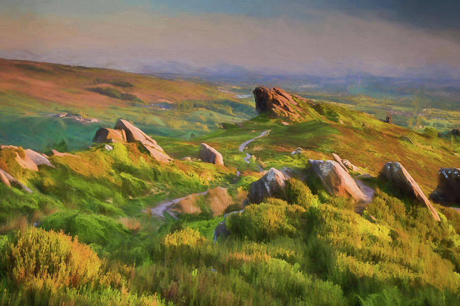 Digital Oil Painting Of The Heather And Rocks At Ramshaw Rocks The