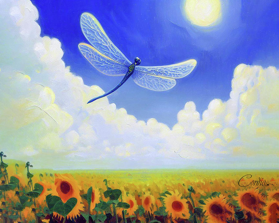 Dragonfly In A Field Of Sunflowers In Digital Art Digital Art By Cordia