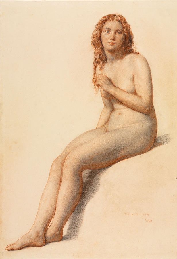 Female Nude Seated Three Quarter View From Front Drawing By William