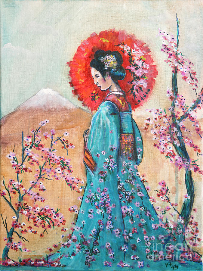 Geisha And Mt Fuji Painting By Pete Foley Fine Art America