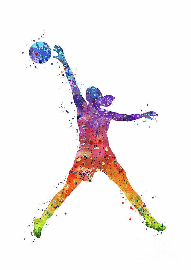 Girl Basketball Player Jumpman Pose Watercolor Digital Art By White