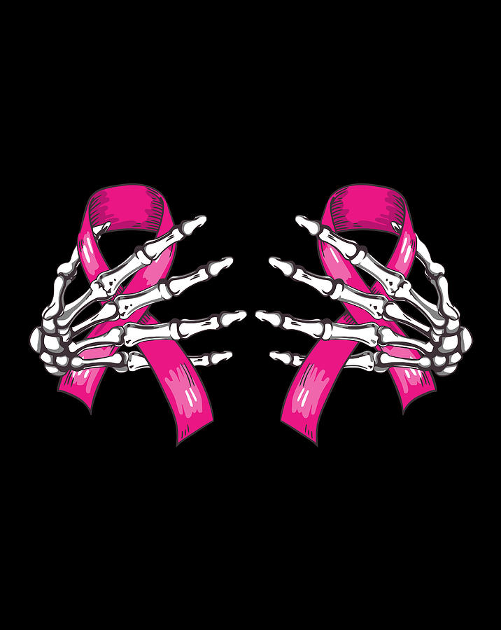 Halloween Womens Boob Skeleton Hand On Breast Cancer Ribbon Digital Art