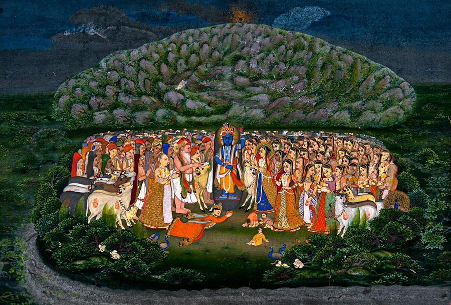 Krishna Lifting Mount Govardhan Painting By Master Art Collection