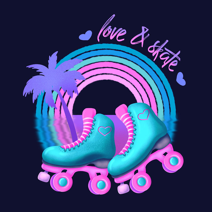 Love And Skate Roller Skates Rainbow And Palm Tree Pastels Digital