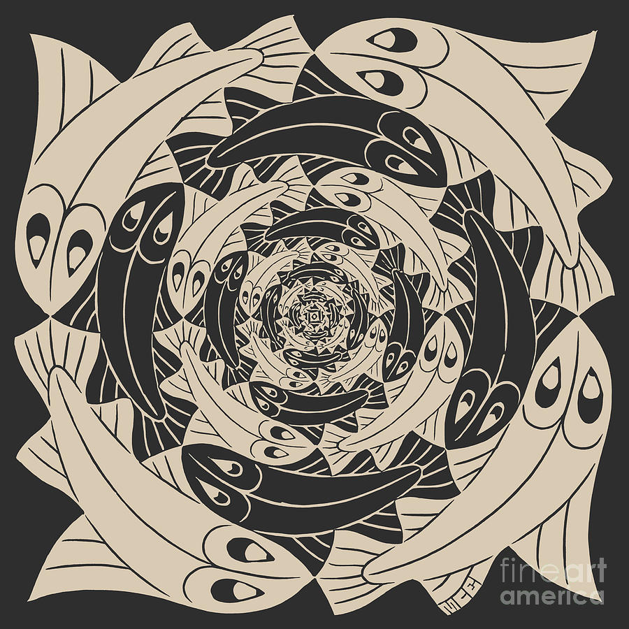 M C Escher Fish Vignette White On Black Drawing By Magical