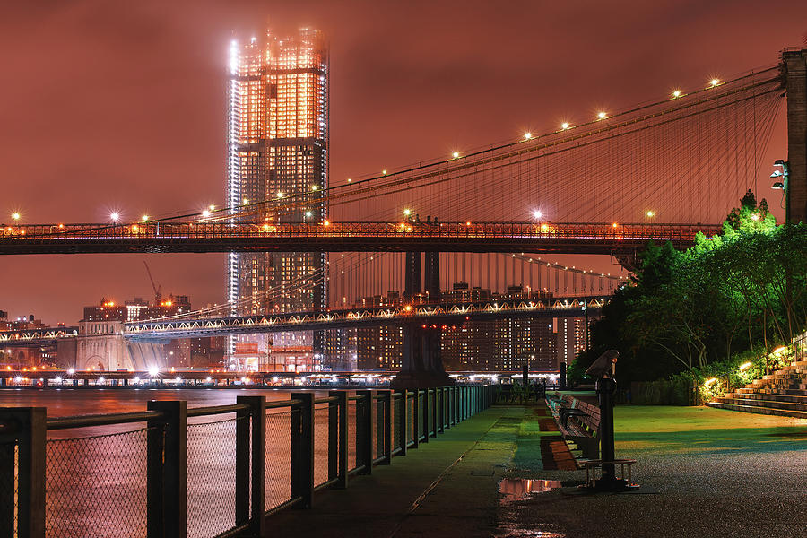 Night View Of Brooklyn Bridge And Lower Manhattan Skyline From Brooklyn