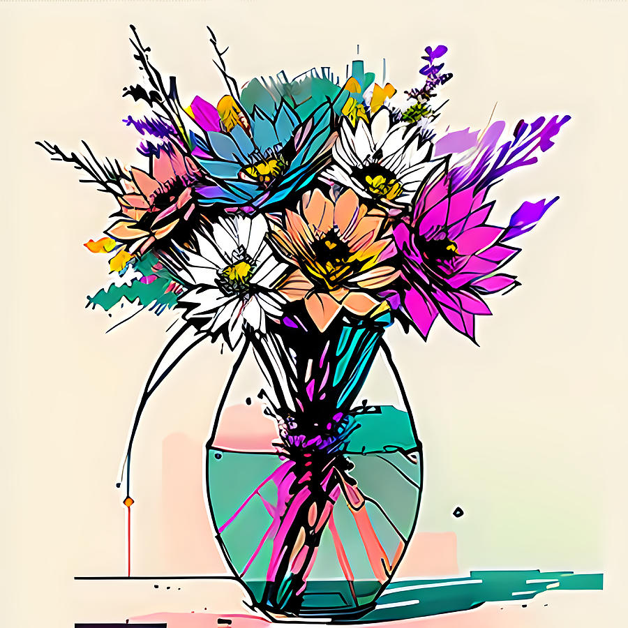 Outlined Art A Vase Filled With Colorful Flowers Digital Art By