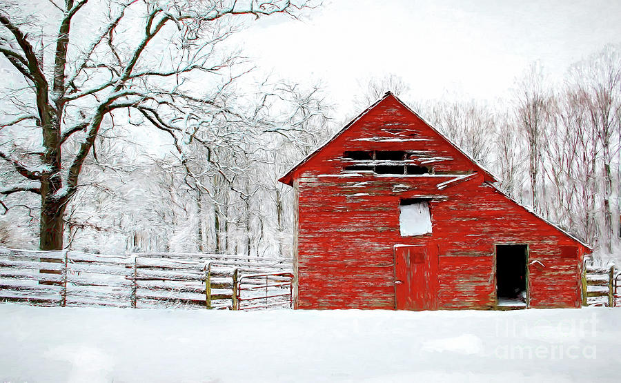 Painting Of Red Barn In The Snow Digital Art By Christy Berry