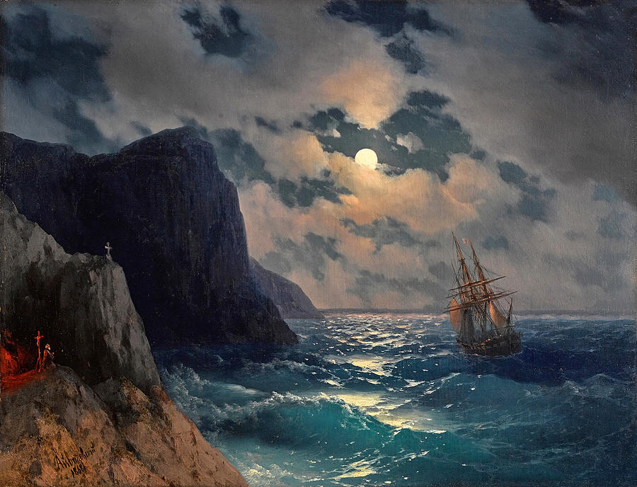 Passing Ship On A Moonlit Night Painting By Ivan Konstantinovich