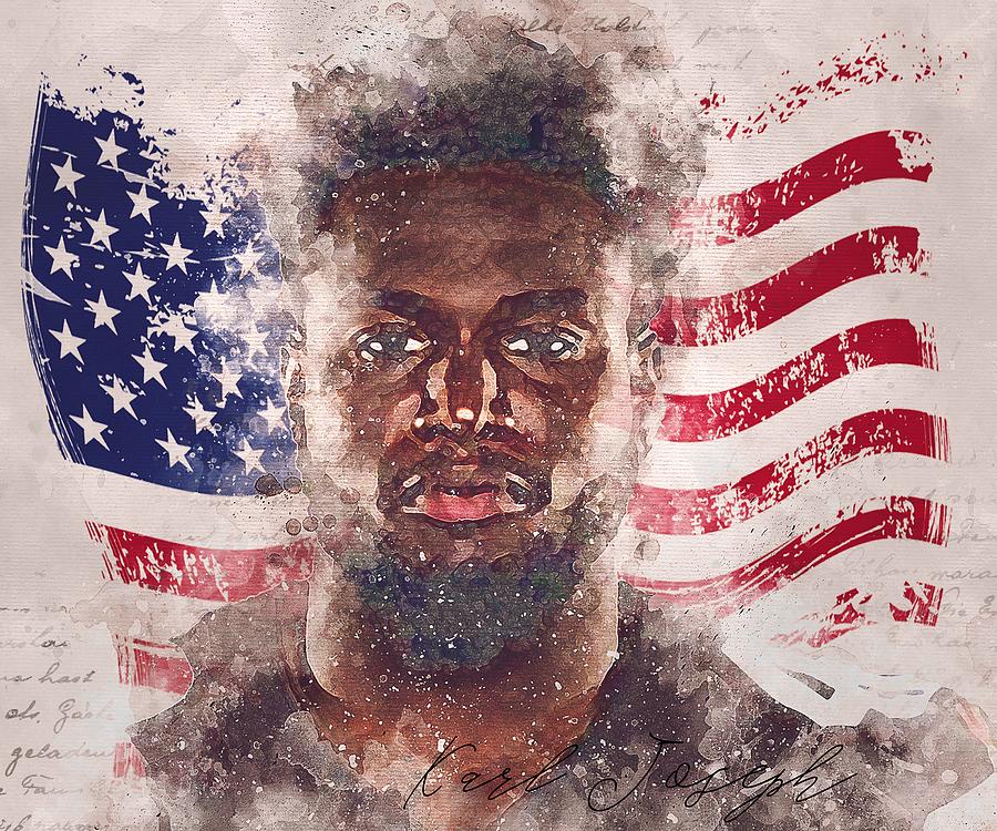 Player Football Karl Joseph And Flag Usa Mixed Watercolor Mixed Media