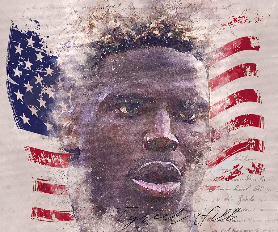 Player Football Tyreek Hill And Flag Usa Mixed Watercolor Mixed Media