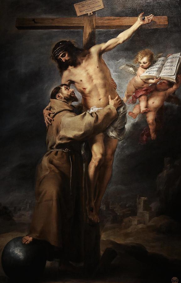 Saint Francis Of Assisi Embracing The Crucified Christ Painting By