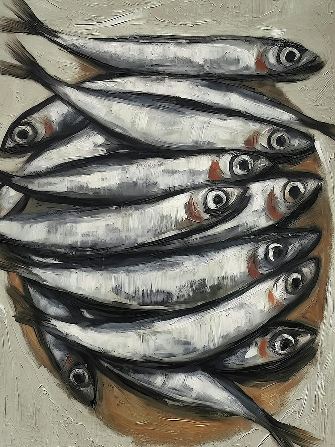 Sardines Art Print Vintage Fish Oil Painting Silver Striped Fish Art